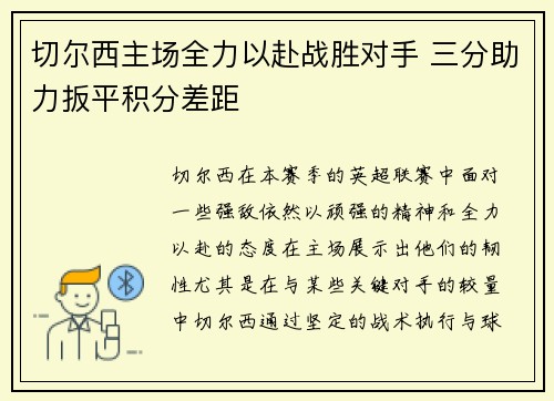 切尔西主场全力以赴战胜对手 三分助力扳平积分差距