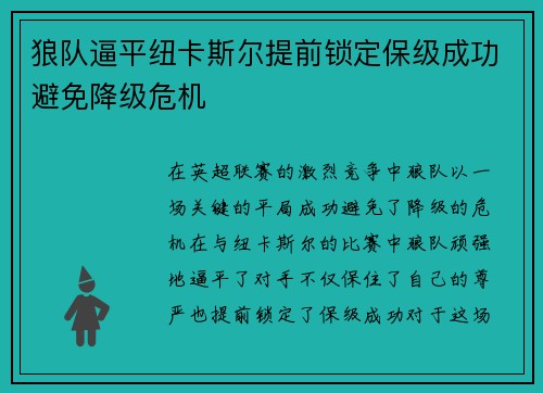 狼队逼平纽卡斯尔提前锁定保级成功避免降级危机