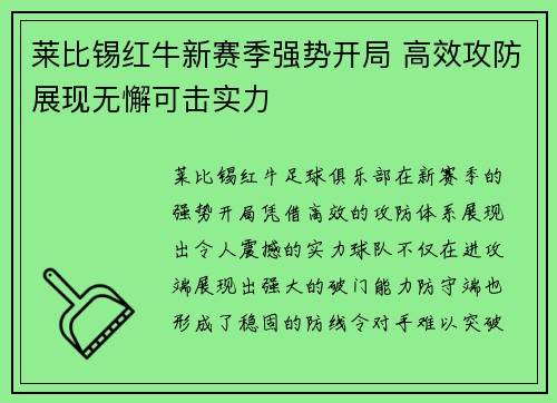 莱比锡红牛新赛季强势开局 高效攻防展现无懈可击实力